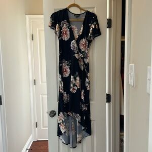 Fortune and Ivy v-neck high low dress. Navy with flowers.